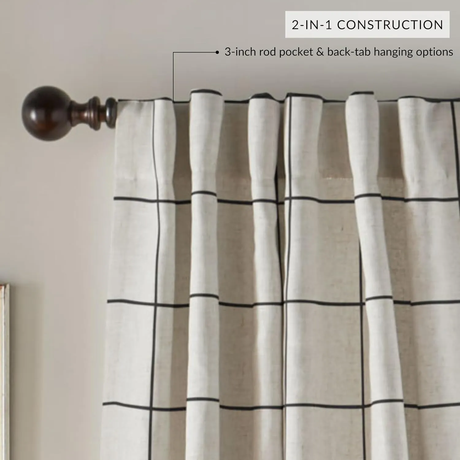 Elrene Home Fashions Brighton Windowpane Plaid Blackout Window Curtain, Living Room and Bedroom Drape with Back Tab and Rod Pocket Tabs, 52"x108", Black, 1 Panel