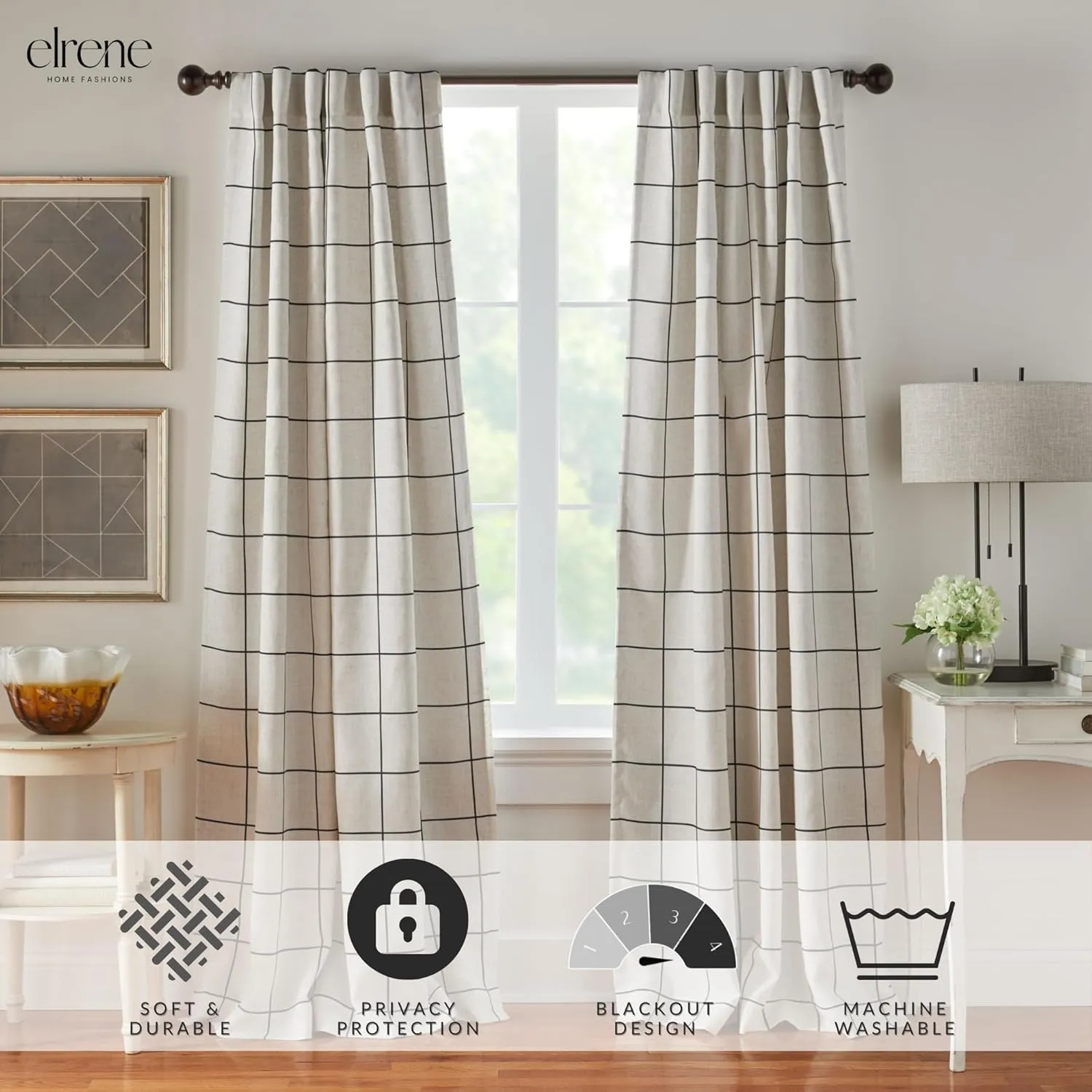 Elrene Home Fashions Brighton Windowpane Plaid Blackout Window Curtain, Living Room and Bedroom Drape with Back Tab and Rod Pocket Tabs, 52"x108", Black, 1 Panel