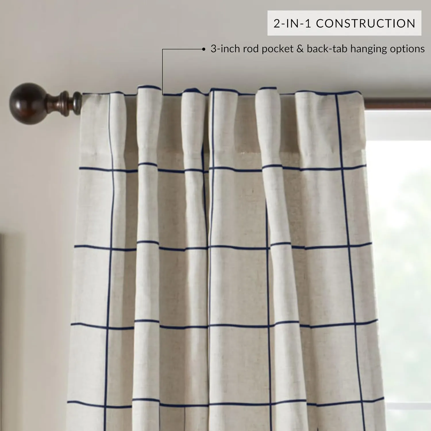 Elrene Home Fashions Brighton Windowpane Plaid Blackout Window Curtain, Living Room and Bedroom Drape with Rod Pocket Tabs, 52" x 95", Indigo, 1 Panel