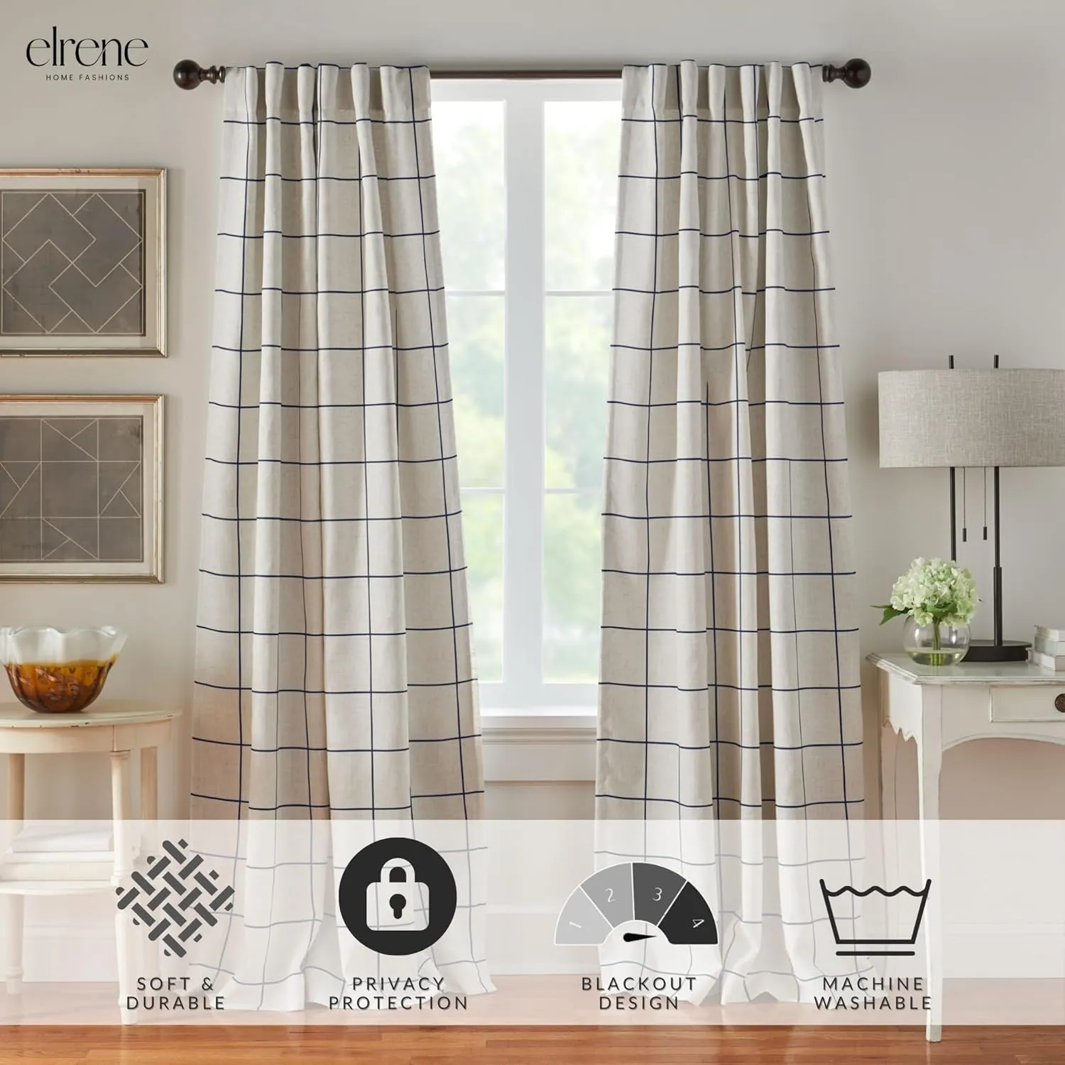 Elrene Home Fashions Brighton Windowpane Plaid Blackout Window Curtain, Living Room and Bedroom Drape with Rod Pocket Tabs, 52" x 95", Indigo, 1 Panel