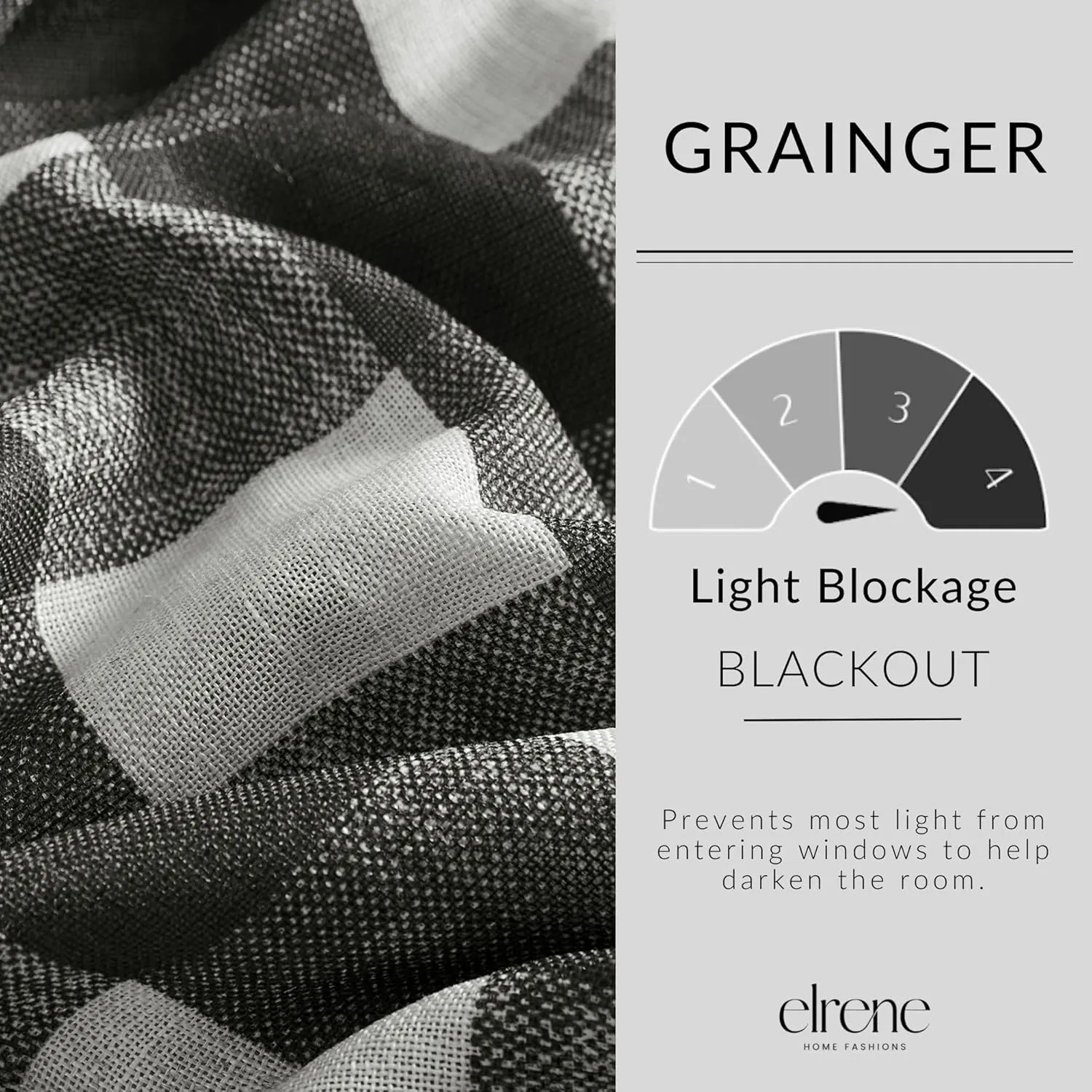 Elrene Home Fashions Farmhouse Living Grainger Buffalo-Check Blackout Window Curtain, Living Room and Bedroom Drape with Rod Pocket Tabs, 52" x 84", Black, 1 Panel