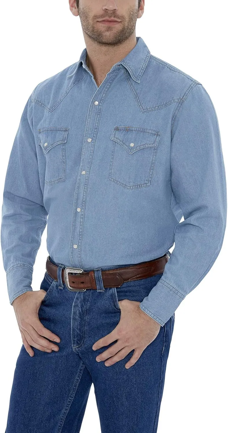 ELY CATTLEMAN Men's Long Sleeve Bleach Washed Denim Shirt