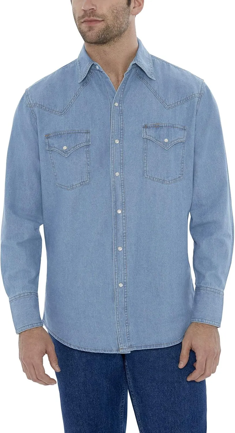 ELY CATTLEMAN Men's Long Sleeve Bleach Washed Denim Shirt