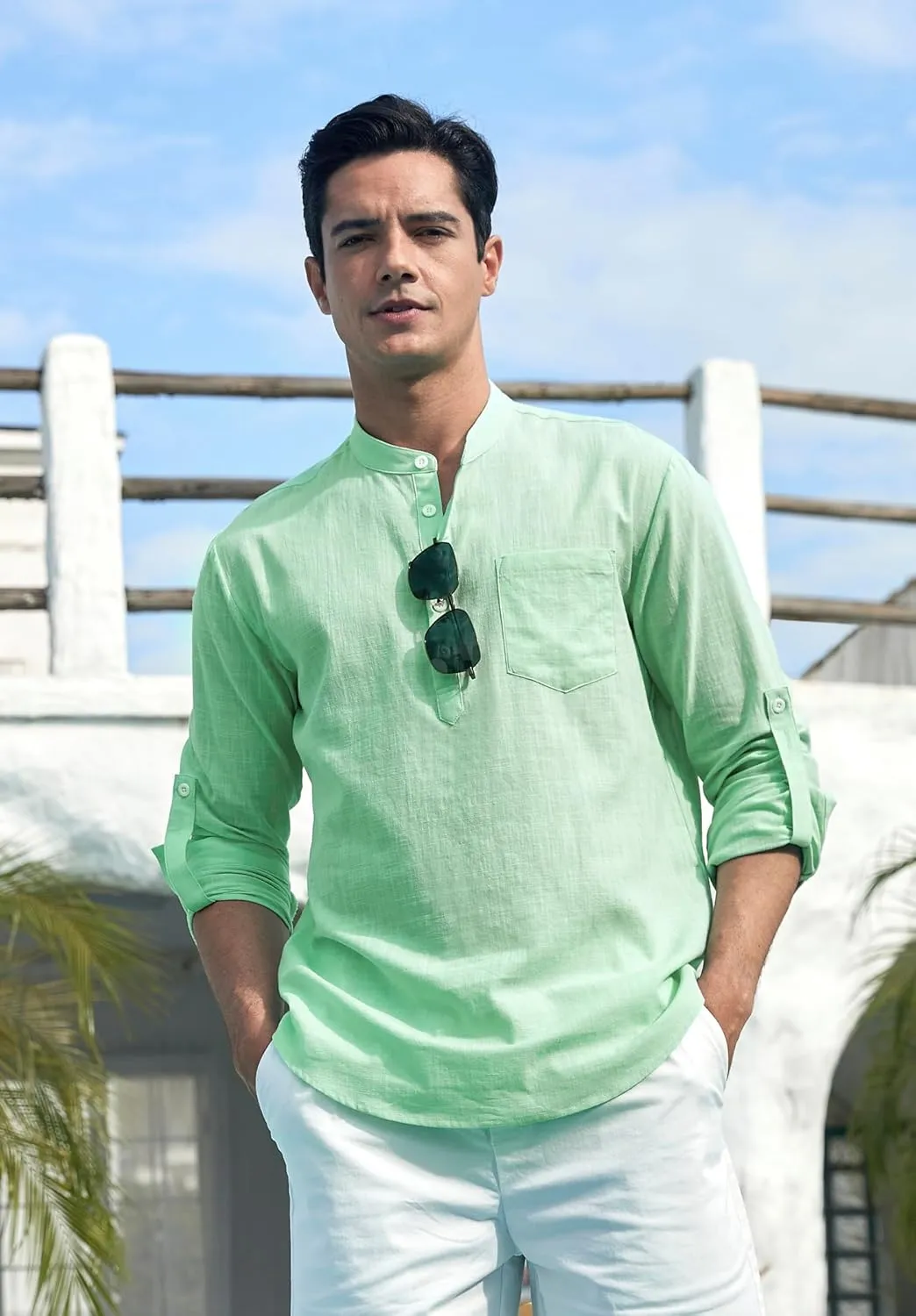 Enlision Mens Cotton Linen Henley Shirts Casual Long Sleeve Summer Beach Shirt Hawaii Hippie Button Down T-Shirt for Men