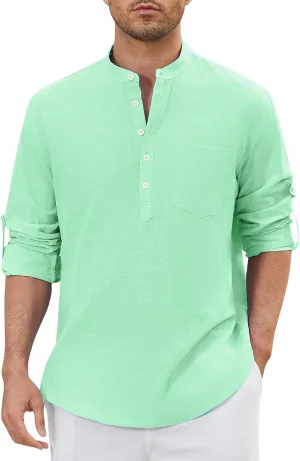 Enlision Mens Cotton Linen Henley Shirts Casual Long Sleeve Summer Beach Shirt Hawaii Hippie Button Down T-Shirt for Men