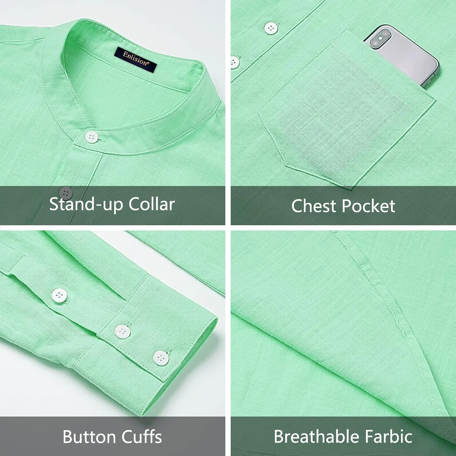 Enlision Mens Cotton Linen Henley Shirts Casual Long Sleeve Summer Beach Shirt Hawaii Hippie Button Down T-Shirt for Men