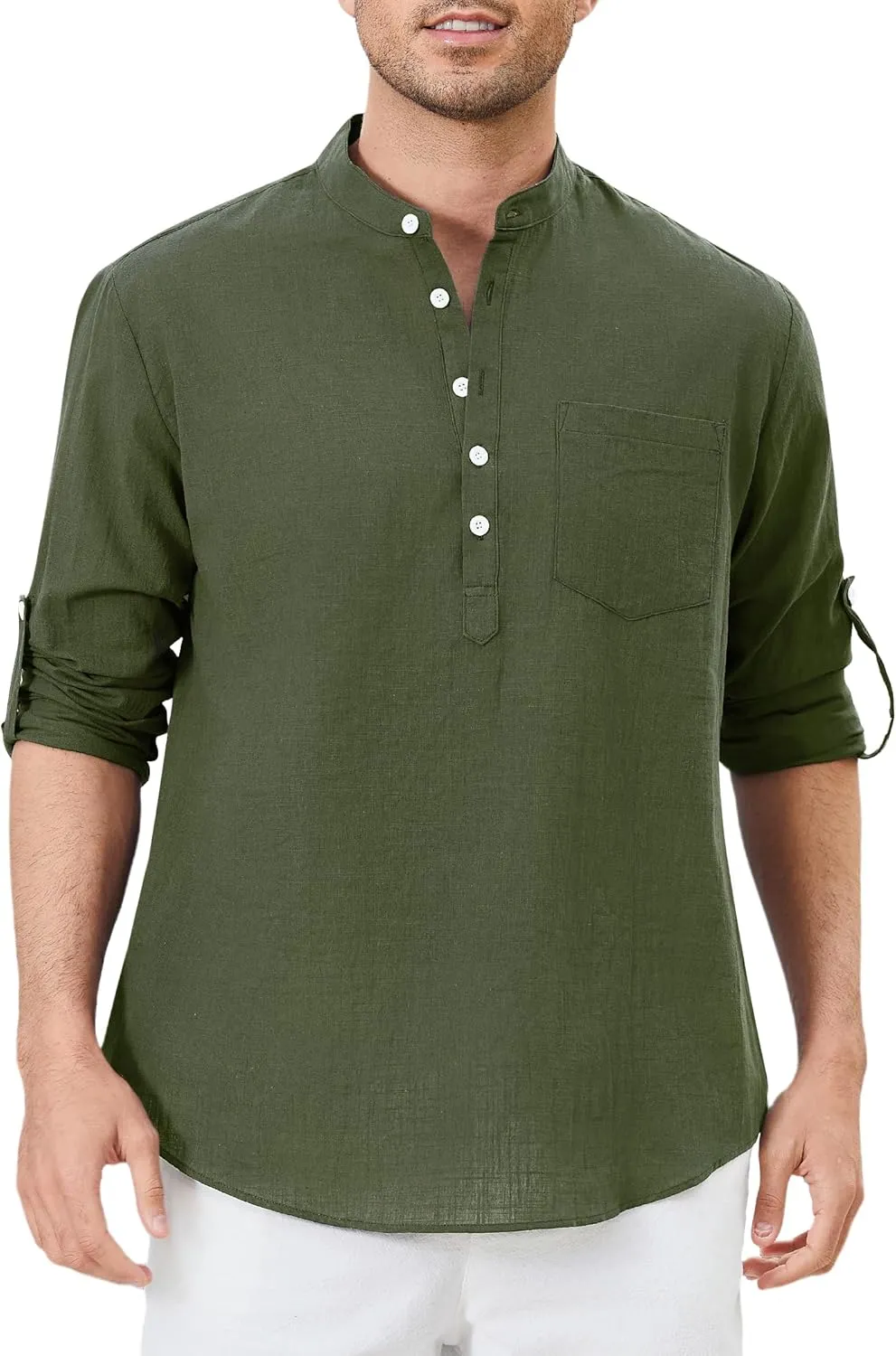 Enlision Mens Cotton Linen Henley Shirts Casual Long Sleeve Summer Beach Shirt Hawaii Hippie Button Down T-Shirt for Men