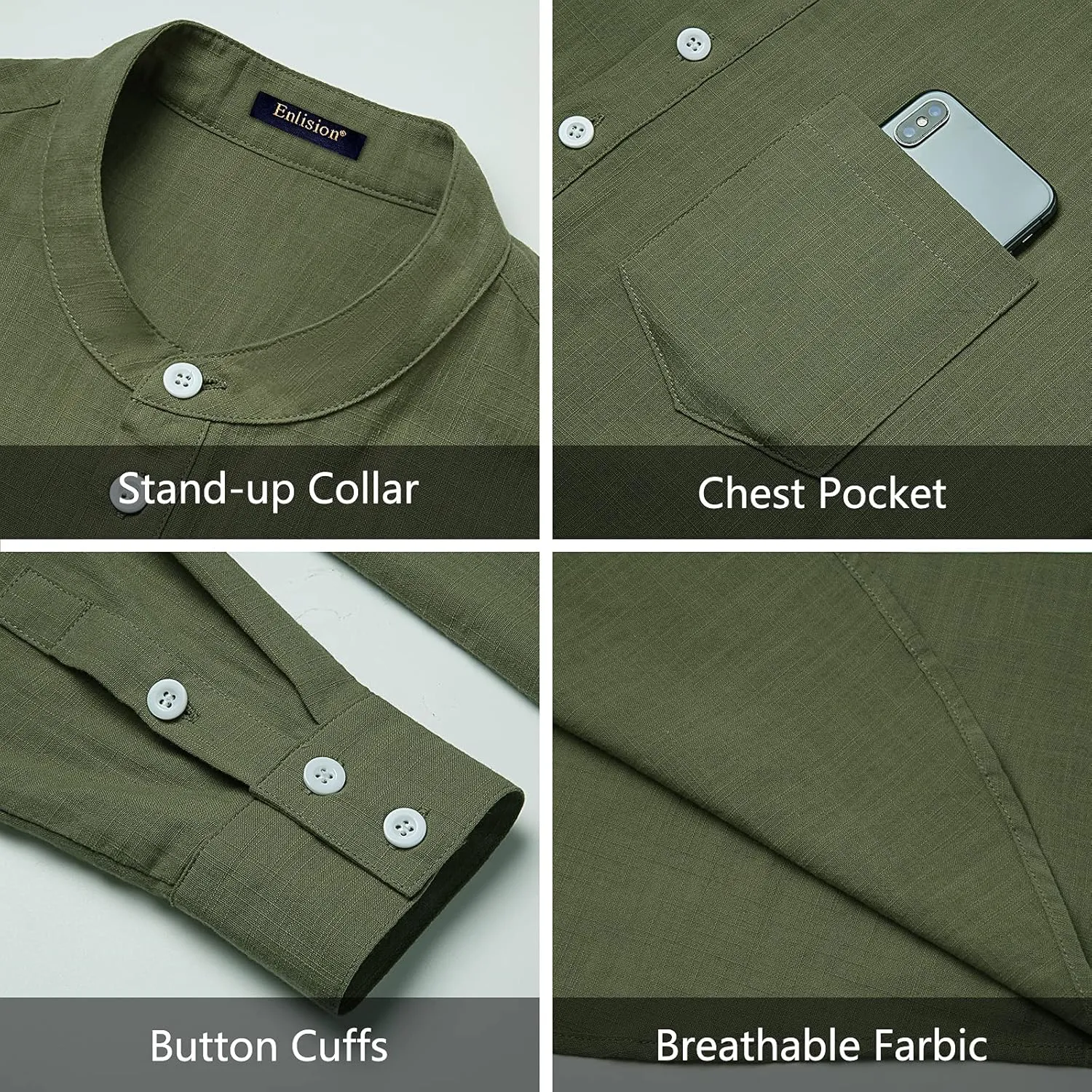 Enlision Mens Cotton Linen Henley Shirts Casual Long Sleeve Summer Beach Shirt Hawaii Hippie Button Down T-Shirt for Men