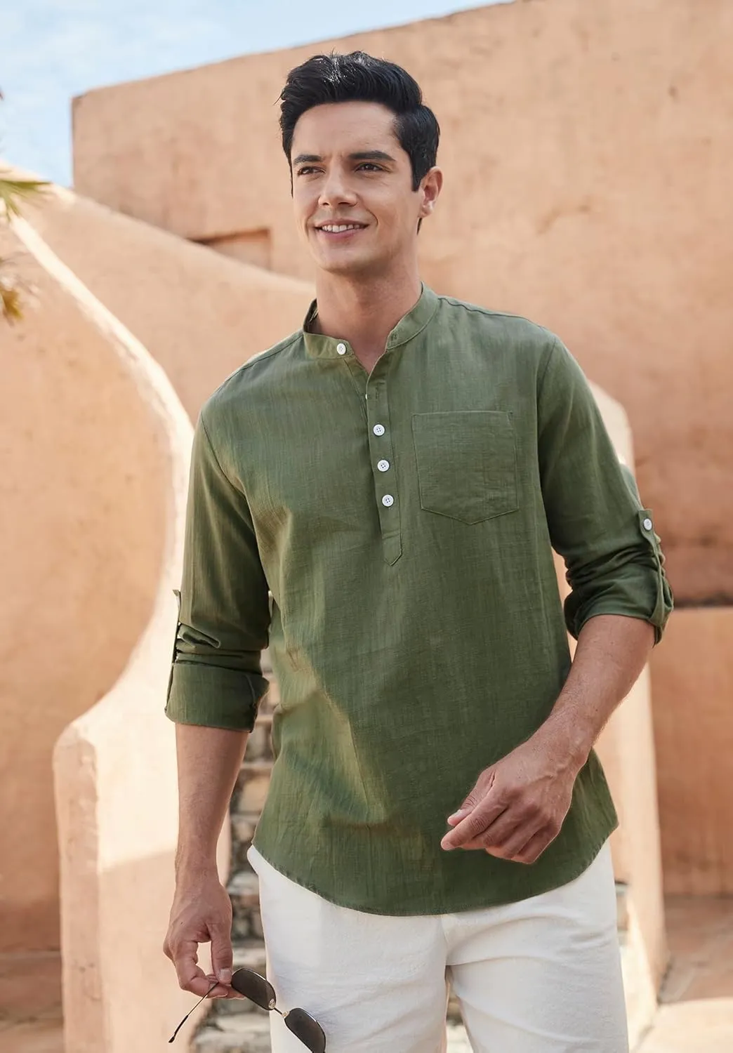 Enlision Mens Cotton Linen Henley Shirts Casual Long Sleeve Summer Beach Shirt Hawaii Hippie Button Down T-Shirt for Men