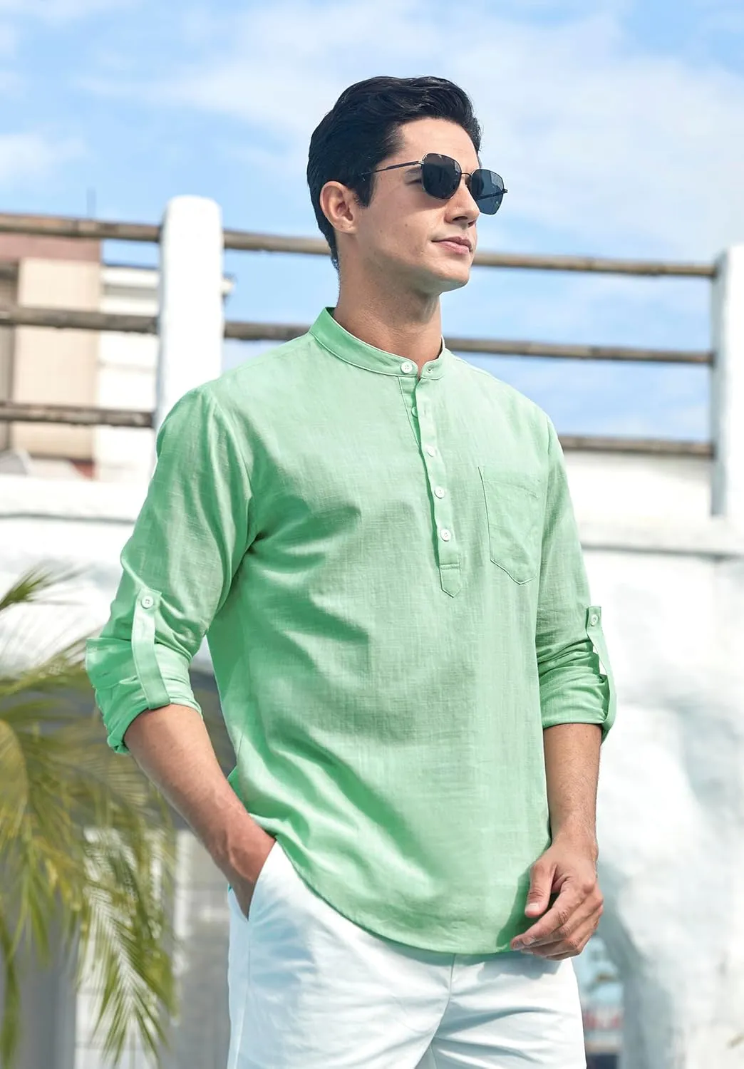 Enlision Mens Cotton Linen Henley Shirts Casual Long Sleeve Summer Beach Shirt Hawaii Hippie Button Down T-Shirt for Men