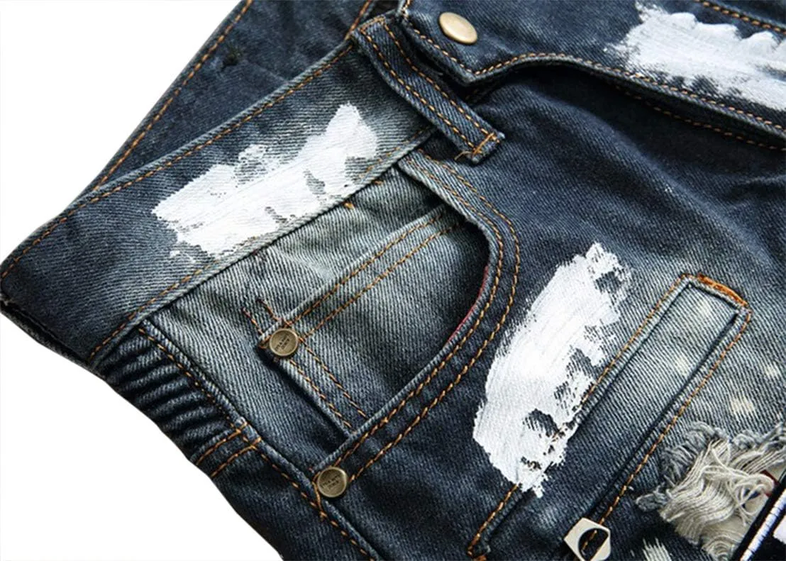 Enrica Men's Ripped Straight Slim Moto Biker Jeans