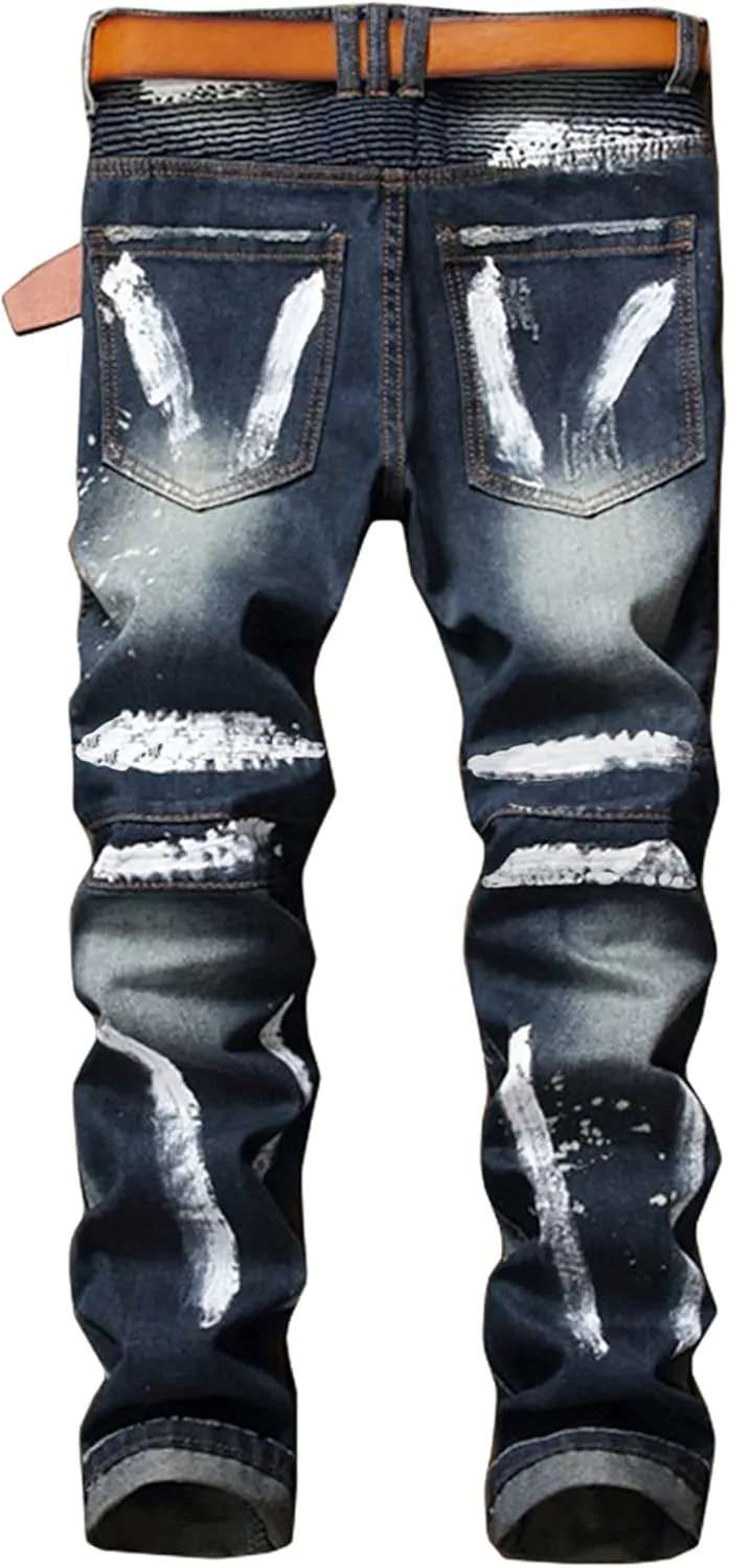 Enrica Men's Ripped Straight Slim Moto Biker Jeans