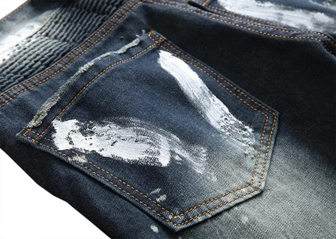 Enrica Men's Ripped Straight Slim Moto Biker Jeans