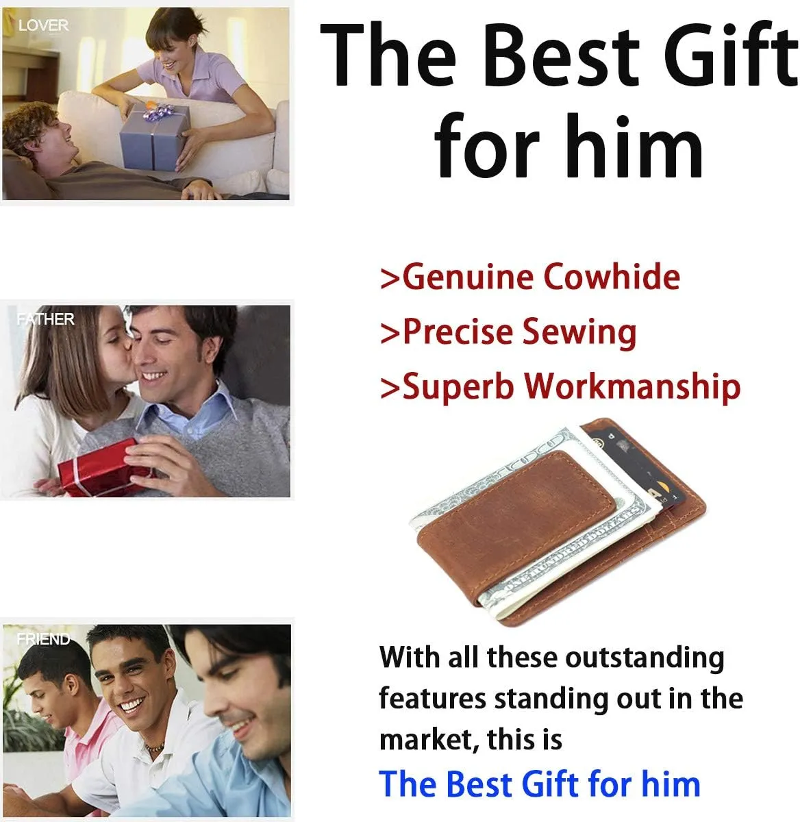Eurynome Money Clip For Men, Personalized mens Front Pocket Wallet With Money Clip, Genuine Leather Wallets, Gift For Men (Brown 01)