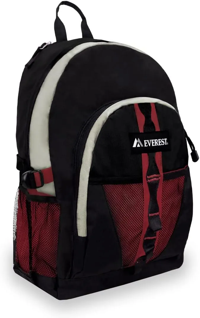 Everest Luggage Backpack with Dual Mesh Pocket, Burgundy/Gray/Black, Burgundy/Gray/Black, One Size