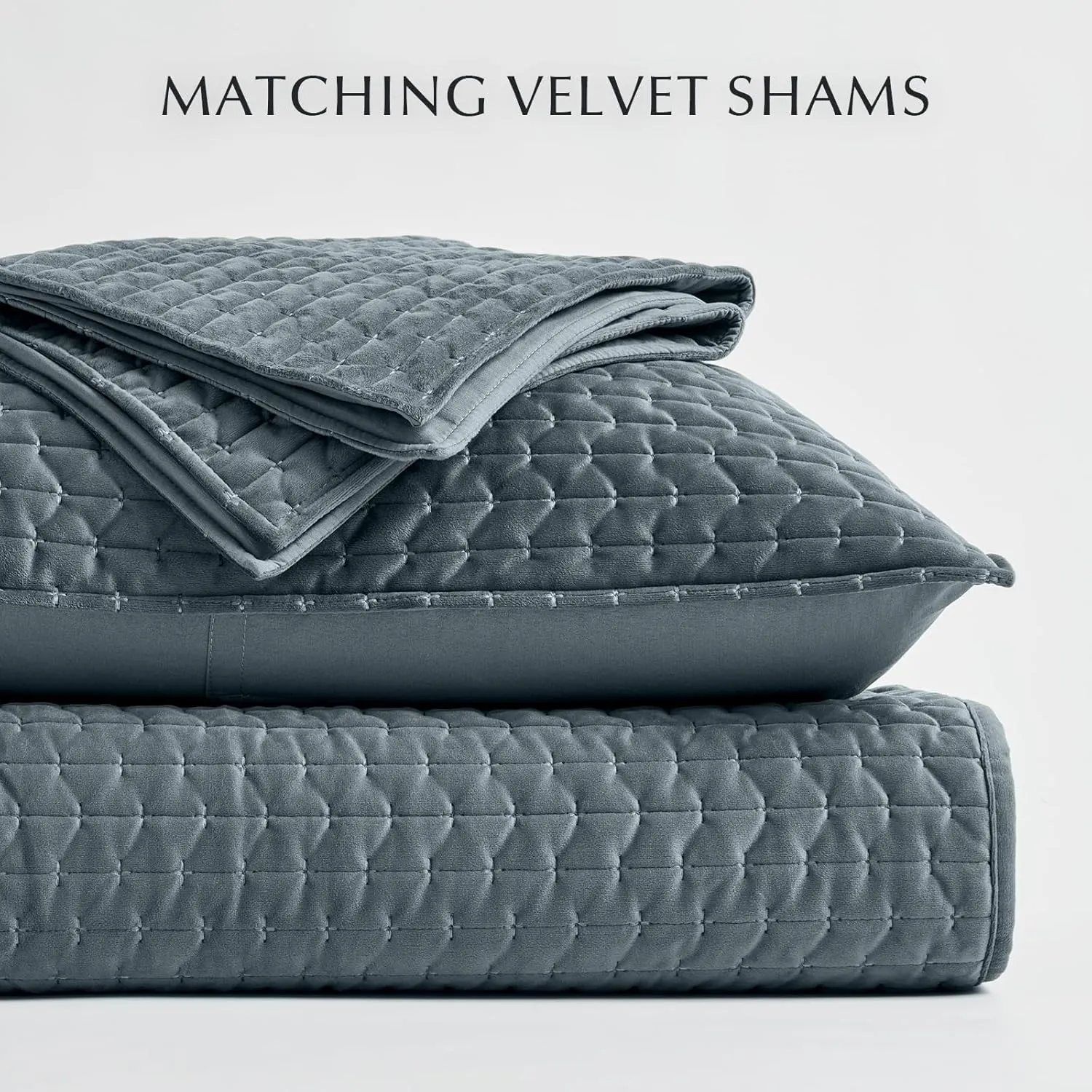 EVERGRACE Luxury Velvet Quilt Bedding Set King Size 3 Pieces with Pillow Shams, Soft Cross-Stitch Velvet Comforter Set, Lightweight Coverlet Bedspread for All Seasons, Stormy Blue