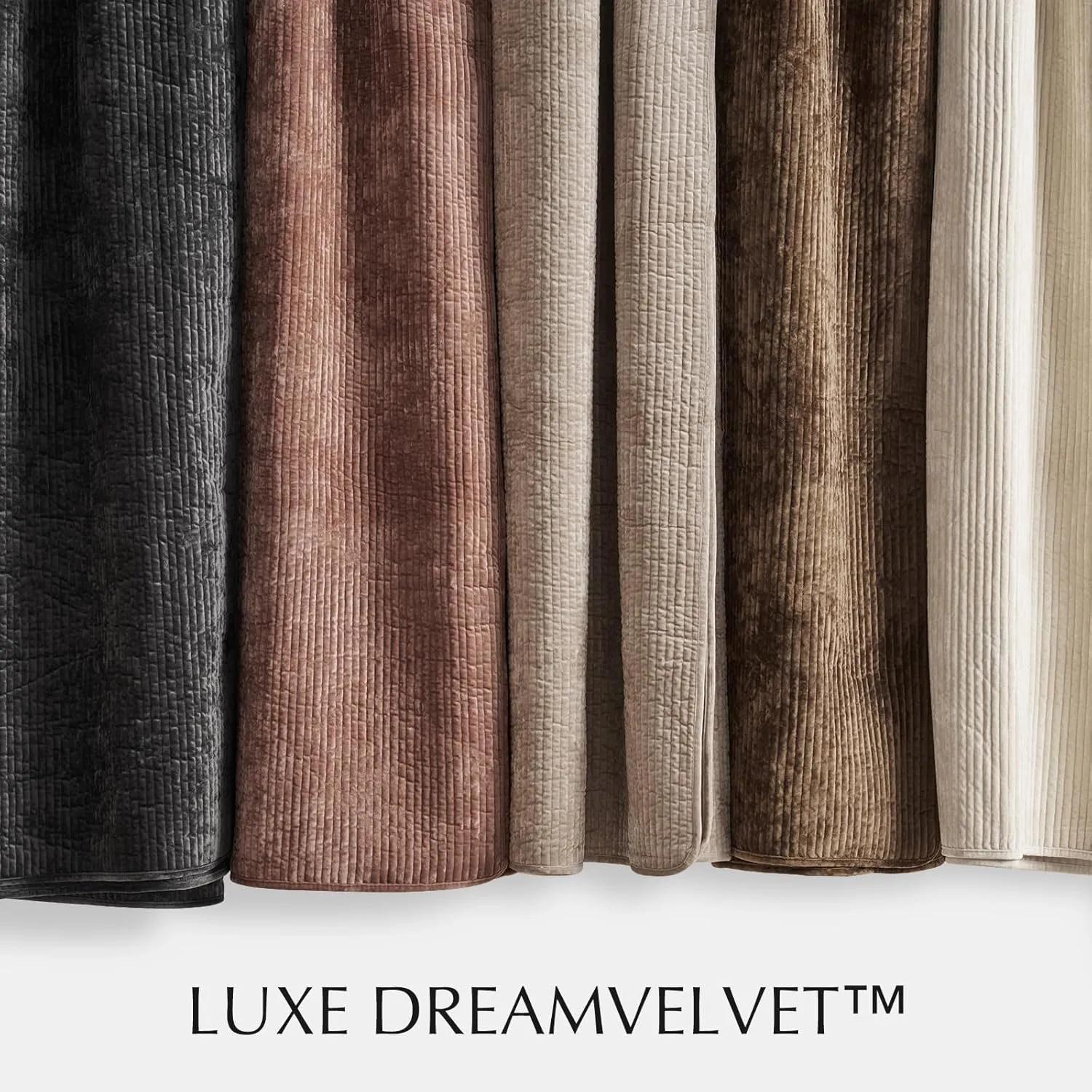 EVERGRACE Velvet Quilt Set Queen Size, Luxurious Soft Quilted Bedding Sets, Lightweight Velvet Comforter for All Season, Striped Channel Bedspread Coverlet with 2 Shams, Mushroom Brown