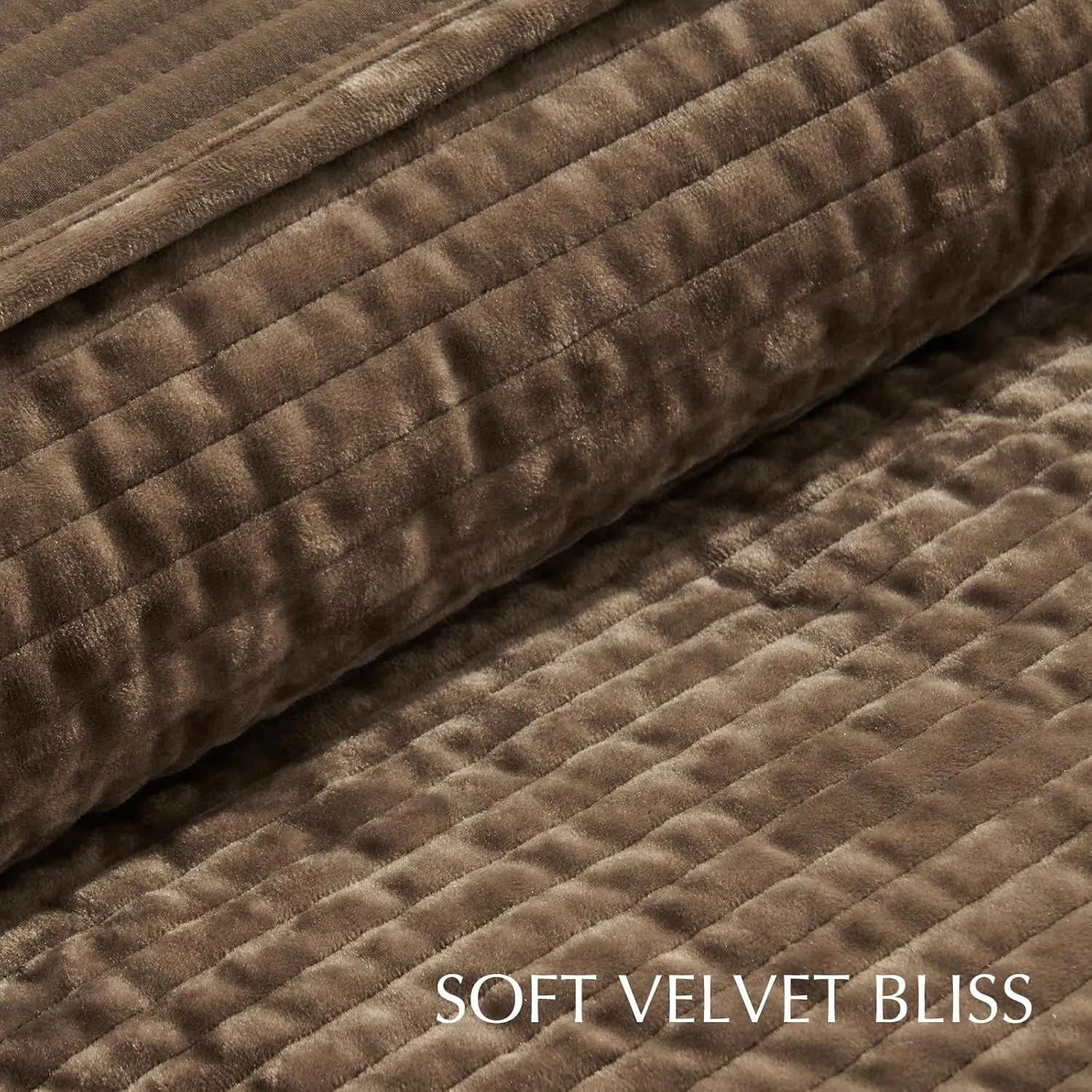 EVERGRACE Velvet Quilt Set Queen Size, Luxurious Soft Quilted Bedding Sets, Lightweight Velvet Comforter for All Season, Striped Channel Bedspread Coverlet with 2 Shams, Mushroom Brown