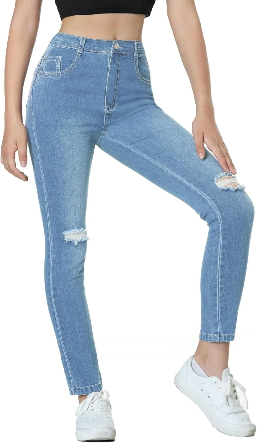 EXARUS Girls Jeans Pants Wide Leg/Flare/Skinny Denim Pant Ripped High Waist Elastic Band Casual with Pockets Kids 6-14Y
