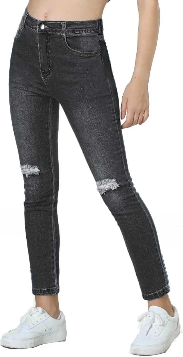 EXARUS Girls Jeans Pants Wide Leg/Flare/Skinny Denim Pant Ripped High Waist Elastic Band Casual with Pockets Kids 6-14Y