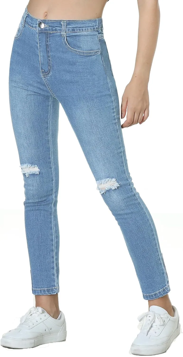 EXARUS Girls Jeans Pants Wide Leg/Flare/Skinny Denim Pant Ripped High Waist Elastic Band Casual with Pockets Kids 6-14Y