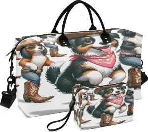 Exnundod Australian Shepherd Cowboy Travel Duffel Bags for Women Cute Dog Sports Gym Bag Weekender Carry On Tote Overnight Luggage Duffle Bags