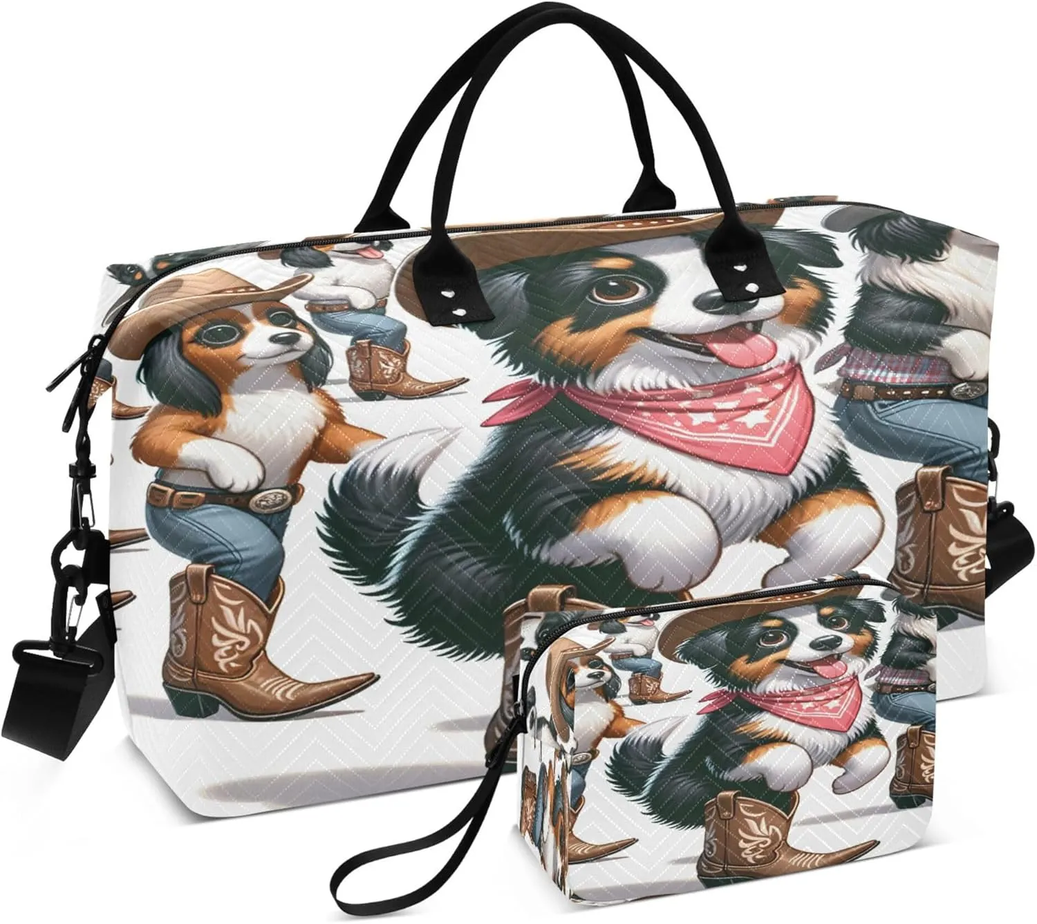 Exnundod Australian Shepherd Cowboy Travel Duffel Bags for Women Cute Dog Sports Gym Bag Weekender Carry On Tote Overnight Luggage Duffle Bags
