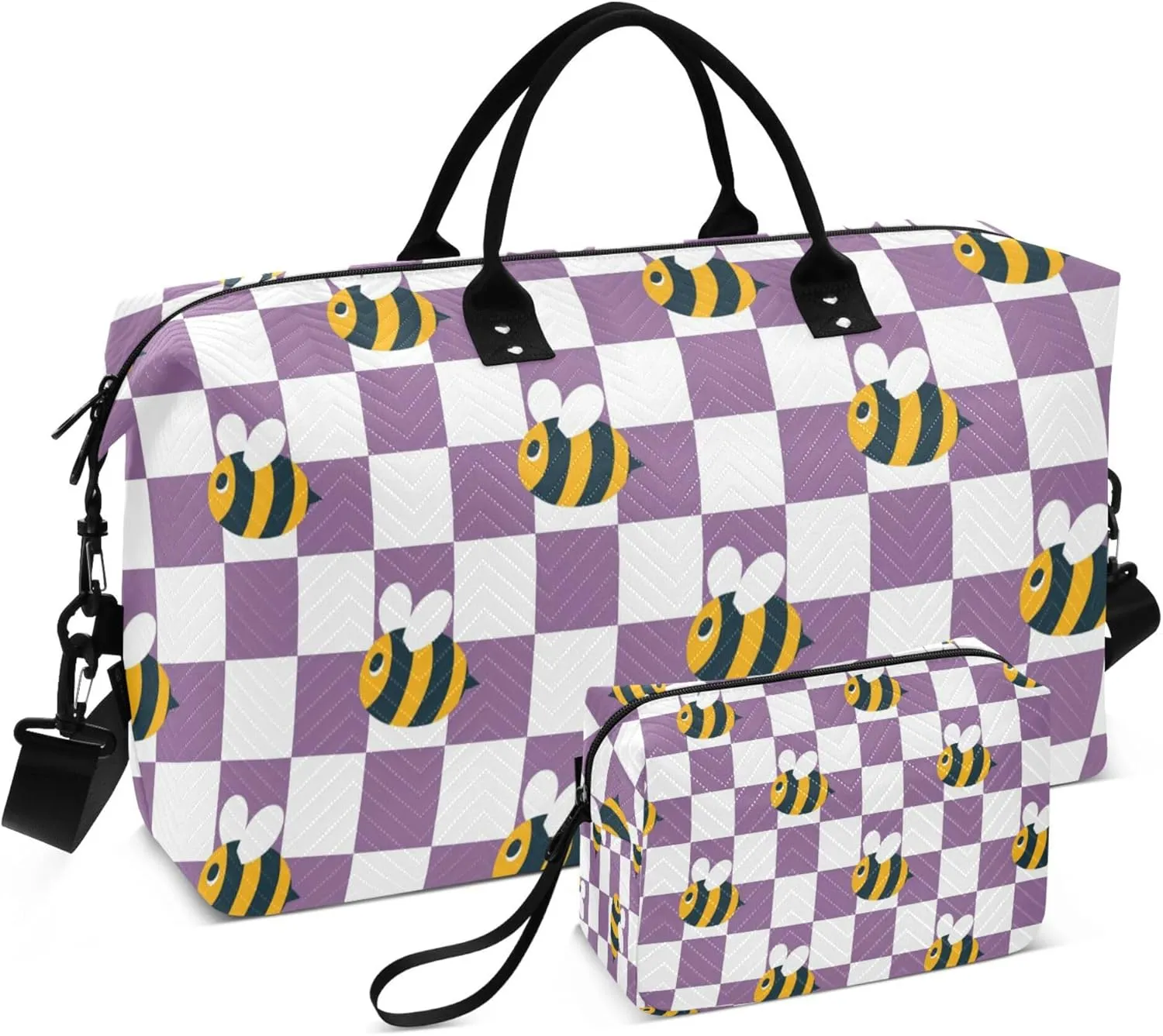 Exnundod Bees Purple Checkboard Travel Duffel Bags for Women Sports Gym Bag Weekender Carry On Tote Overnight Luggage Duffle Bags