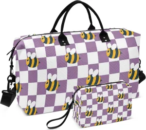 Exnundod Bees Purple Checkboard Travel Duffel Bags for Women Sports Gym Bag Weekender Carry On Tote Overnight Luggage Duffle Bags