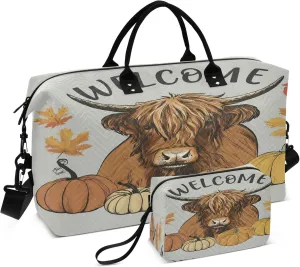 Exnundod Cartoon Pumpkin Cattle Travel Duffel Bags for Women Highland Cow Sports Gym Bag Weekender Carry On Tote Overnight Luggage Duffle Bags