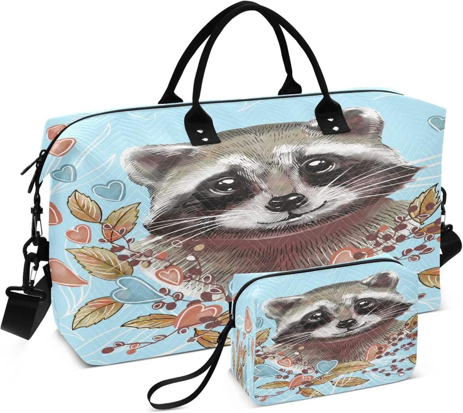 Exnundod Cute Raccoon Autumn Leaves Travel Duffel Bags for Women Sports Gym Bag Weekender Carry On Tote Overnight Luggage Duffle Bags
