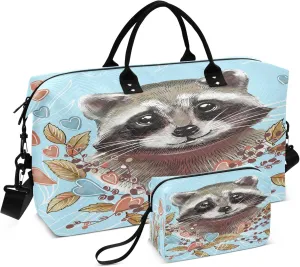Exnundod Cute Raccoon Autumn Leaves Travel Duffel Bags for Women Sports Gym Bag Weekender Carry On Tote Overnight Luggage Duffle Bags