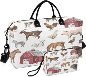 Exnundod Doodle Farm Animals Travel Duffel Bags for Women Pig Horse Duck Sports Gym Bag Weekender Carry On Tote Overnight Luggage Duffle Bags