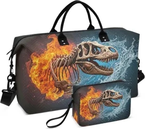 Exnundod Fire Water Flame Dinosaur Skeleton Travel Duffel Bags for Women Sports Gym Bag Weekender Carry On Tote Overnight Luggage Duffle Bags