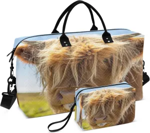 Exnundod Highland Cows Meadow Travel Duffel Bags for Women Field Animal Sports Gym Bag Weekender Carry On Tote Overnight Luggage Duffle Bags