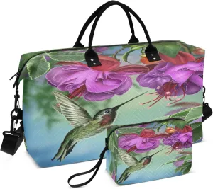 Exnundod Hummingbirds Travel Duffel Bags for Women Branch Fuchsia Floral Sports Gym Bag Weekender Carry On Tote Overnight Luggage Duffle Bags