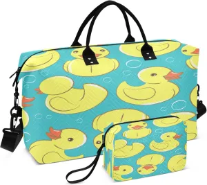 Exnundod Illustration Yellow Rubber Duck Travel Duffel Bags for Women Bubbles Sports Gym Bag Weekender Carry On Tote Overnight Luggage Duffle Bags