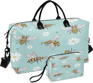 Exnundod Travel Duffel Bags Bee Insects Cartoon Flowers Sports Gym Bag Weekender Carry On Tote Overnight Luggage Bags for Women and Men