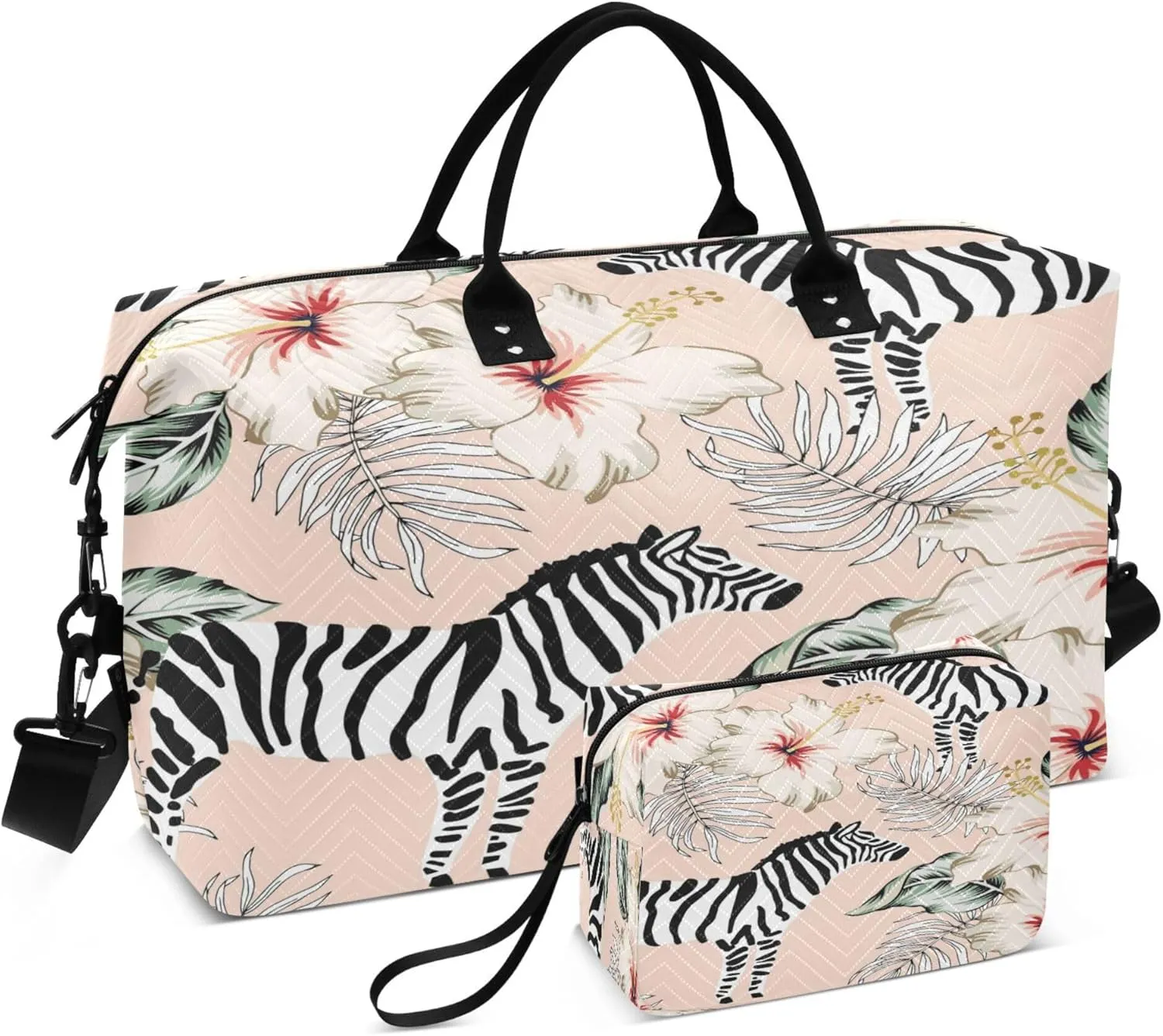 Exnundod Travel Duffel Bags Tropical Zebra Pink Flowers Sports Gym Bag Weekender Carry On Tote Overnight Luggage Bags for Women and Men