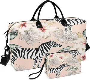 Exnundod Travel Duffel Bags Tropical Zebra Pink Flowers Sports Gym Bag Weekender Carry On Tote Overnight Luggage Bags for Women and Men