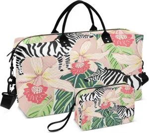Exnundod Travel Duffel Bags Zebra Orchid Flowers Palm Leaves Sports Gym Bag Weekender Carry On Tote Overnight Luggage Bags for Women and Men