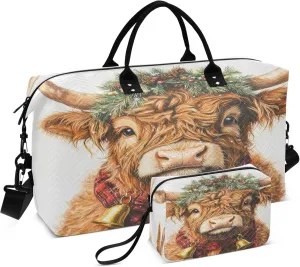 Exnundod Winter Highland Cow Travel Duffel Bags for Women Christmas Jingling Bell Sports Gym Bag Weekender Carry On Tote Overnight Luggage Duffle Bags