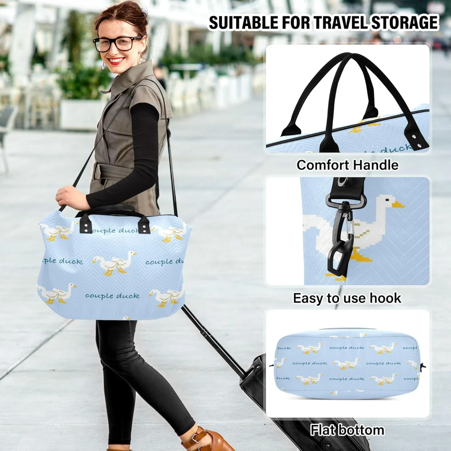 Exnundod Women Weekender Bags Couple Duck Cartoon Travel Duffel Bags Carry On Overnight Bag Large Hospital Tote Luggage