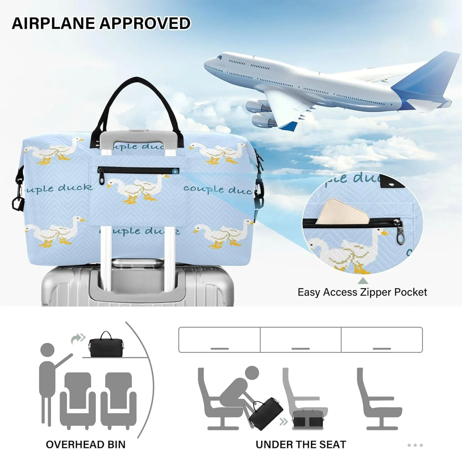 Exnundod Women Weekender Bags Couple Duck Cartoon Travel Duffel Bags Carry On Overnight Bag Large Hospital Tote Luggage