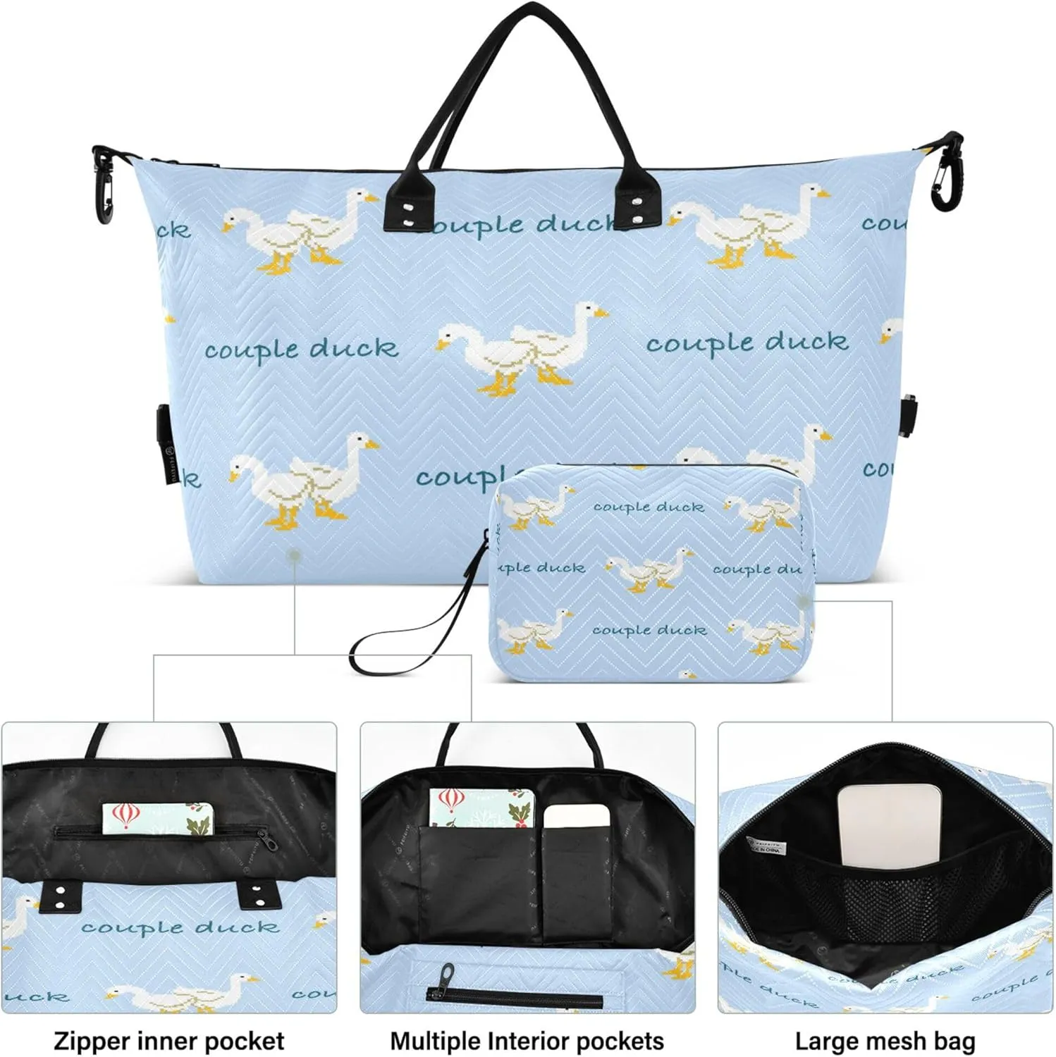 Exnundod Women Weekender Bags Couple Duck Cartoon Travel Duffel Bags Carry On Overnight Bag Large Hospital Tote Luggage