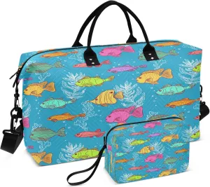 Exnundod Women Weekender Bags Cute Fishes and Seaweeds Gym Bags Carry On Overnight Duffle Large Duffle Tote Hospital Bag for Business Trip, Yoga