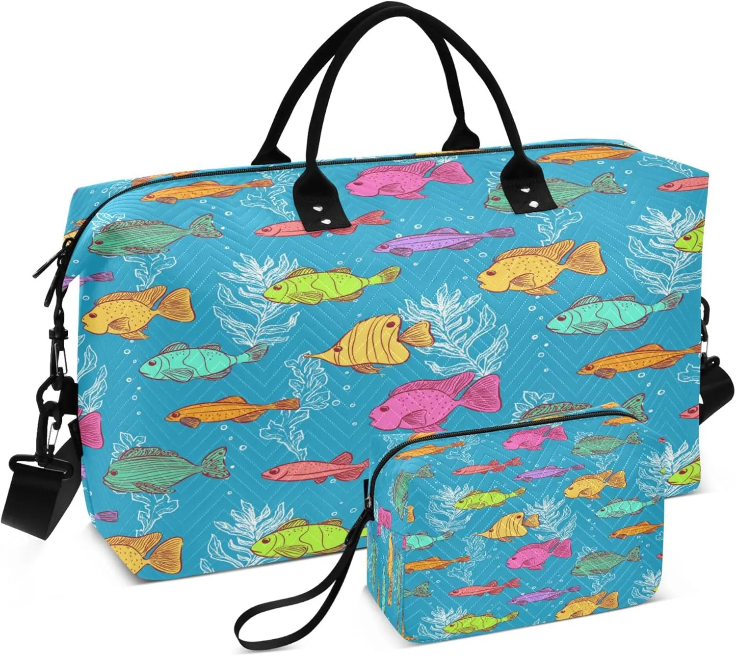 Exnundod Women Weekender Bags Cute Fishes and Seaweeds Gym Bags Carry On Overnight Duffle Large Duffle Tote Hospital Bag for Business Trip, Yoga