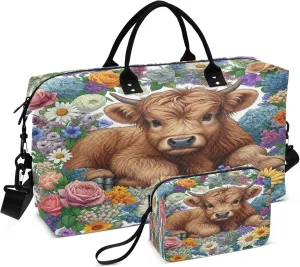 Exnundod Women Weekender Bags Highland Cow Baby Floral Pattern Gym Bags Carry On Overnight Duffle Large Duffle Tote Hospital Bag for Business Trip, Yoga