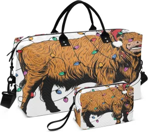 Exnundod Women Weekender Bags Highland Cow with Christmas Light Travel Duffel Bags Carry On Overnight Bag Santa Hat Cartoon Large Hospital Tote Luggage