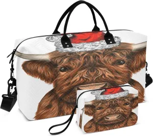 Exnundod Women Weekender Bags Highland Cow with Santa Hat Travel Duffel Bags Carry On Overnight Bag Large Hospital Tote Luggage